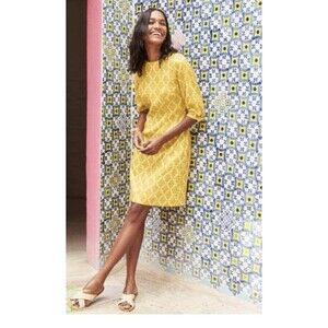 Boden Kate Linen Dress Up 4 Petite Mustard Yellow Pineapple Print 3/4 Sleeve